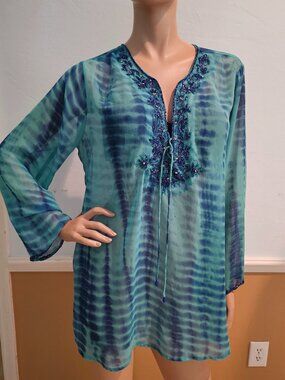 Soft Surroundings Size Large Sheer Beaded Tunic Blue Green Teal